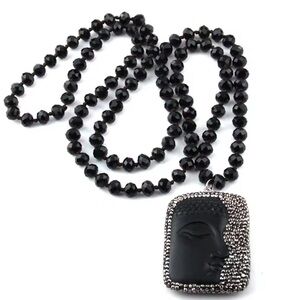 Ethnic Buddha Luck Gayatri Black Beaded Long Crustal Necklace